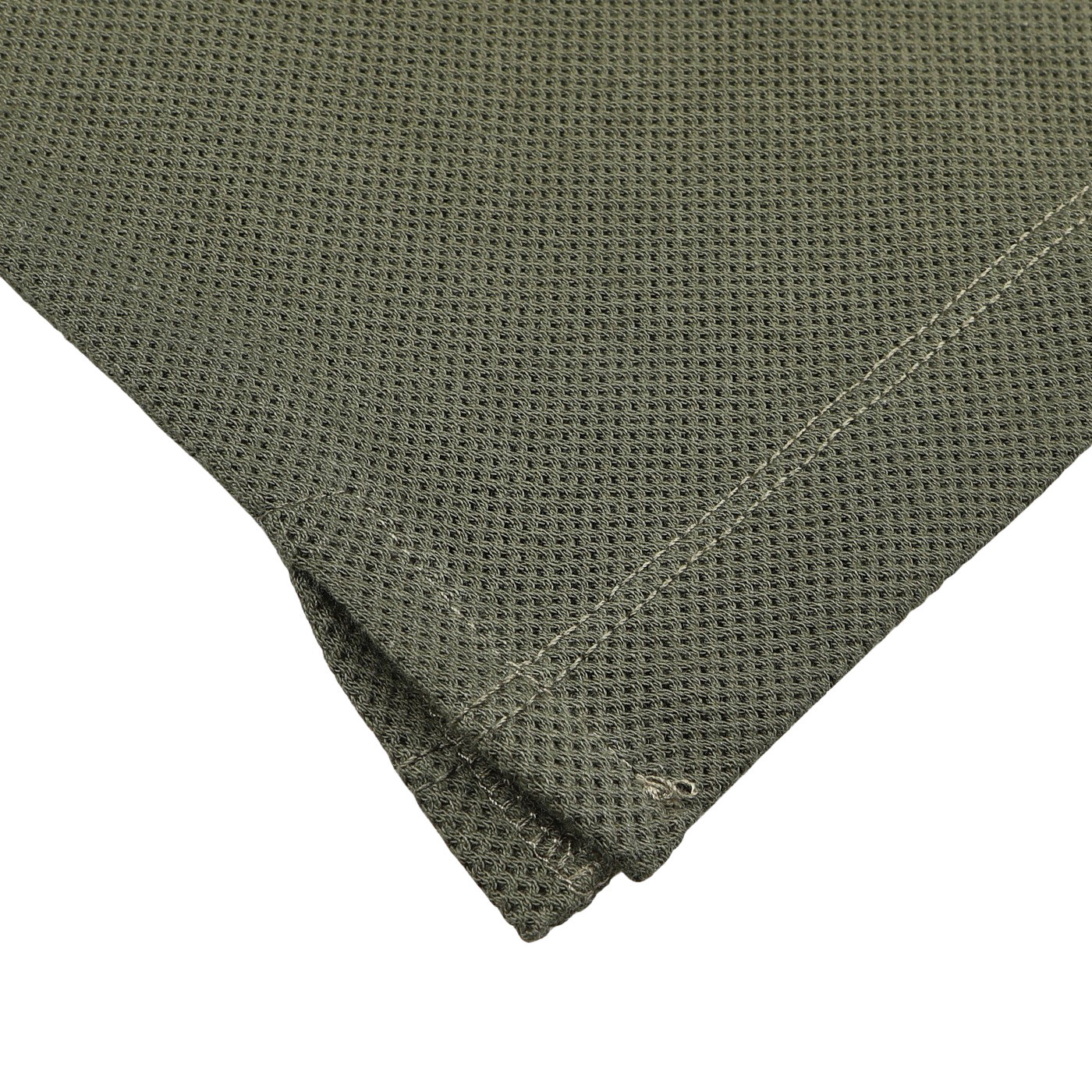 Close-up of a folded Pine Green Cotton Riviera Polo Shirt by Sunspel on a white background, highlighting the visible seam stitching. The contemporary aesthetic and breathable fabric provide style and comfort.