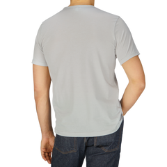 The back view of a man in a Sunspel Smoke Grey Classic Cotton T-Shirt.