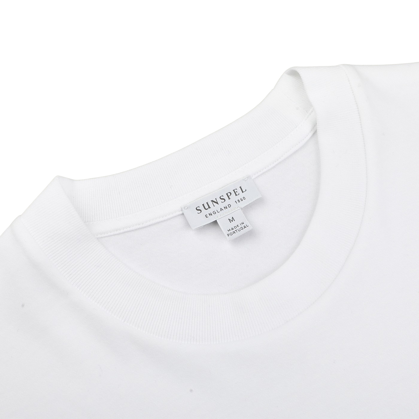 The Sunspel White Supima Cotton Relaxed Fit T-shirt, size medium, features a heavyweight design with a label inside the neckline.