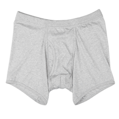 A pair of Grey Melange Pima Cotton Wil Trunks men's boxer briefs by The White Briefs, with a slight elastic waistband and defined seams, displayed on a white background.