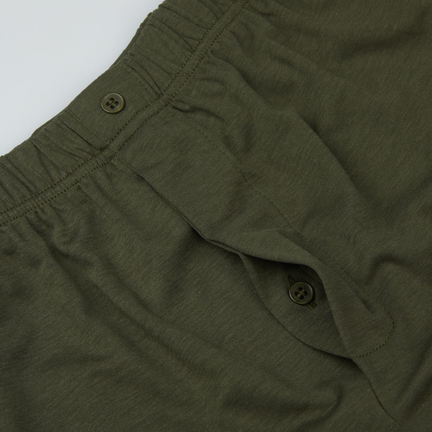Close-up of the waistband and button-fly area of a pair of Olive Lyocell Cotton Henner Boxers from The White Briefs collection.