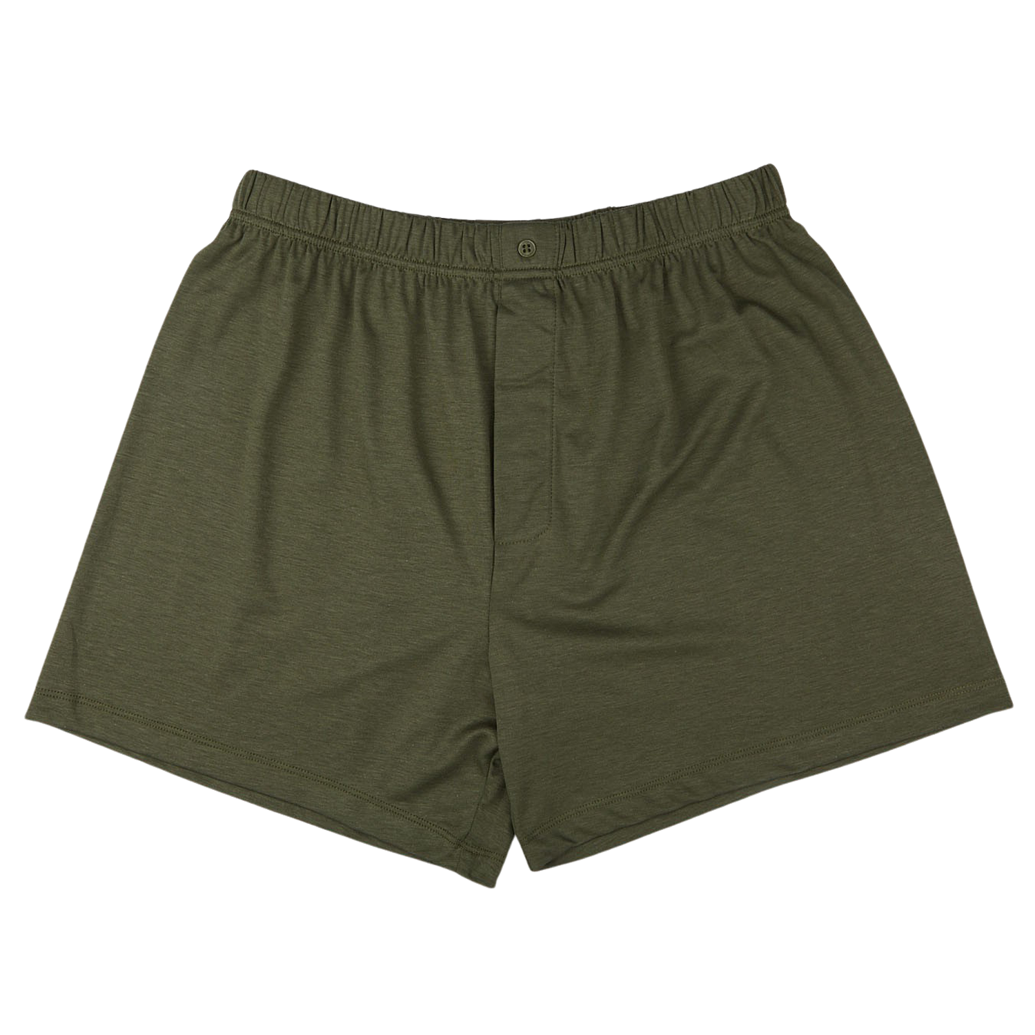 Olive Lyocell Cotton Henner Boxers from The White Briefs with an elastic waistband and a button fly, laid flat against a white background, reminiscent of classic boxer comfort.