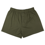 Olive Lyocell Cotton Henner Boxers from The White Briefs with an elastic waistband and a button fly, laid flat against a white background, reminiscent of classic boxer comfort.
