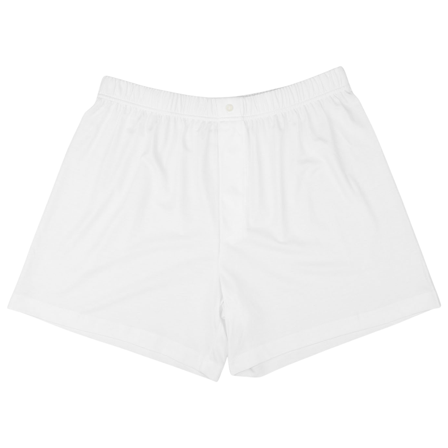 A pair of White Lyocell Cotton Henner Boxers from The White Briefs with an elastic waistband and front button closure, made from a soft lyocell-cotton blend for ultimate comfort.