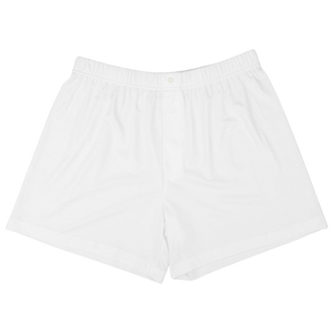 A pair of White Lyocell Cotton Henner Boxers from The White Briefs with an elastic waistband and front button closure, made from a soft lyocell-cotton blend for ultimate comfort.