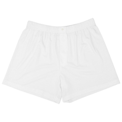 A pair of White Lyocell Cotton Henner Boxers from The White Briefs with an elastic waistband and front button closure, made from a soft lyocell-cotton blend for ultimate comfort.