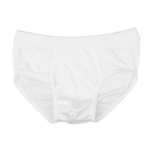 A pair of **White Pima Cotton Platan Briefs** made from organic pima cotton by **The White Briefs** displayed on a flat surface.