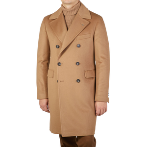 Tagliatore Camel Beige Brushed Wool DB Polo Coat Front