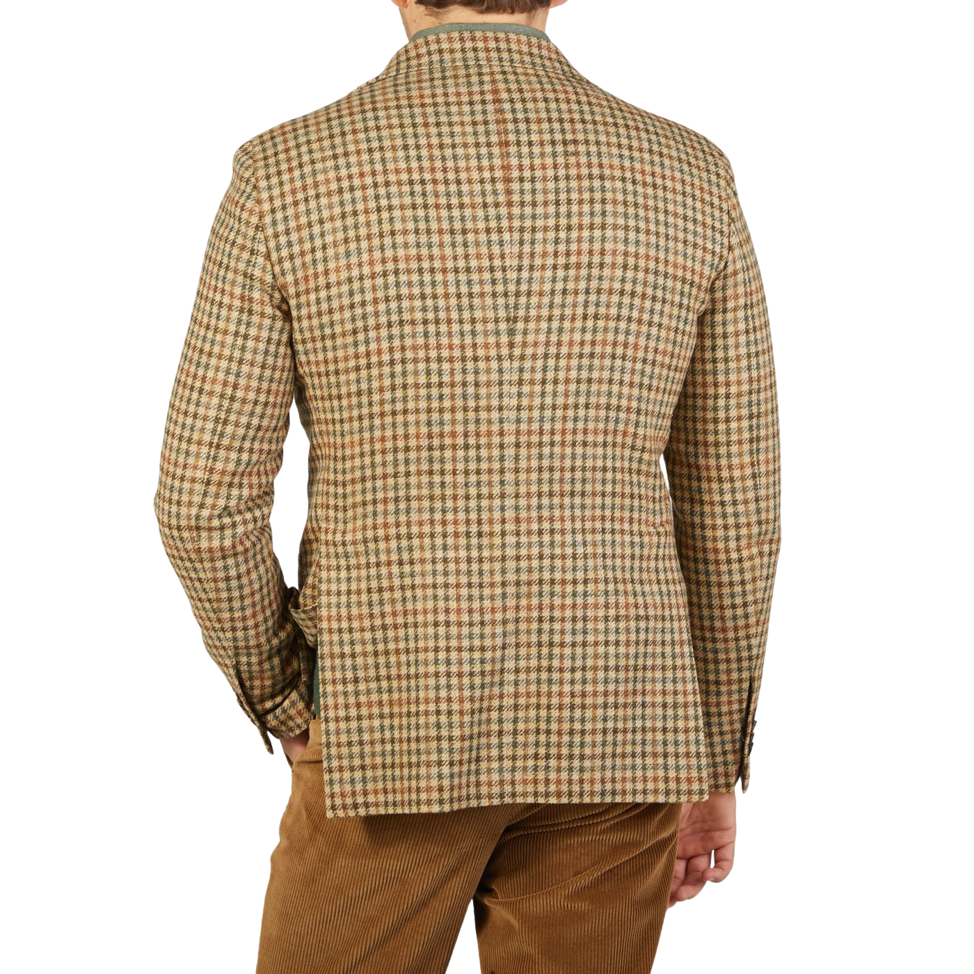 The back view of a man wearing a Beige Houndstooth Wool Tweed Vesuvio blazer by Tagliatore.