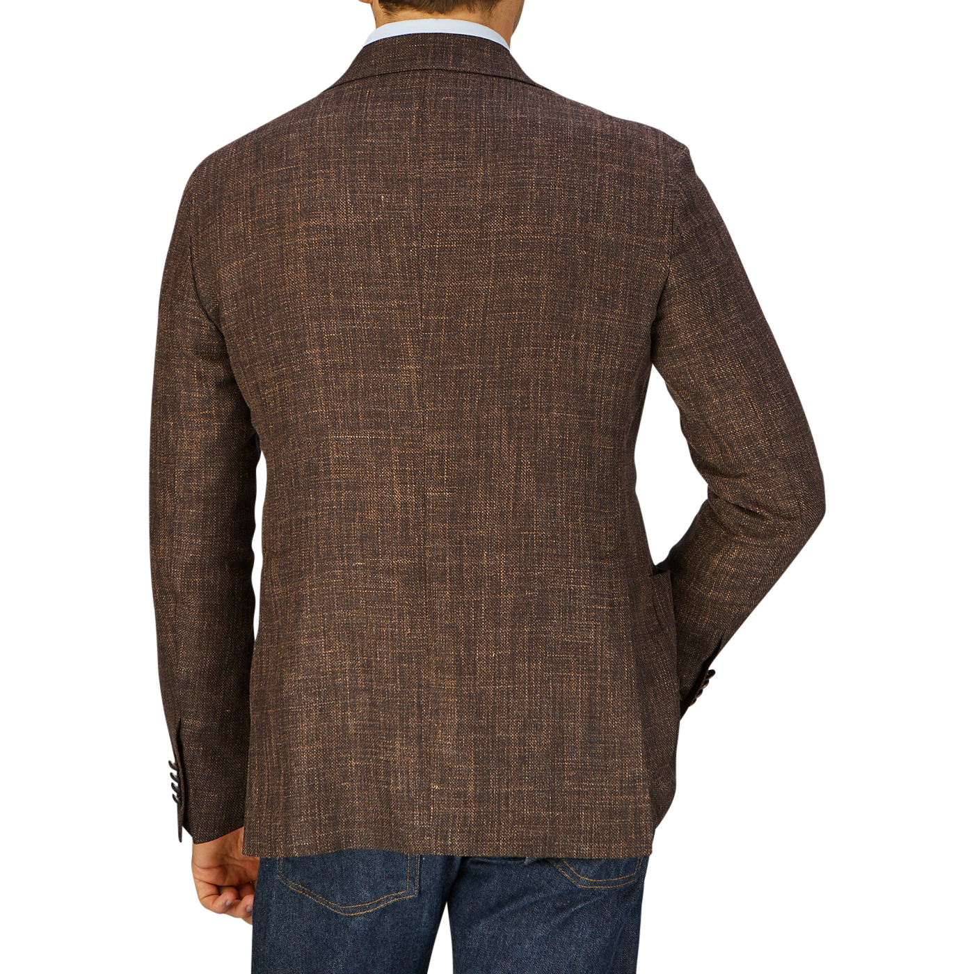 A man seen from behind wearing a Tagliatore Dark Brown Melange Wool Linen Silk Blazer and blue denim jeans.