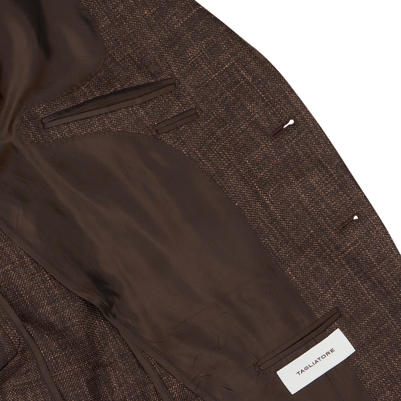Detail of a dark brown melange wool linen silk Tagliatore blazer with inner lining and a brand label.