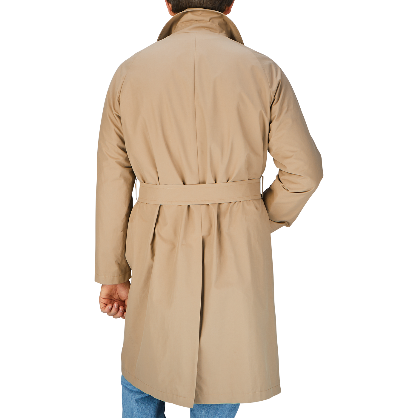 A man in a water-resistant Tagliatore khaki beige cotton nylon trench coat, seen from behind.