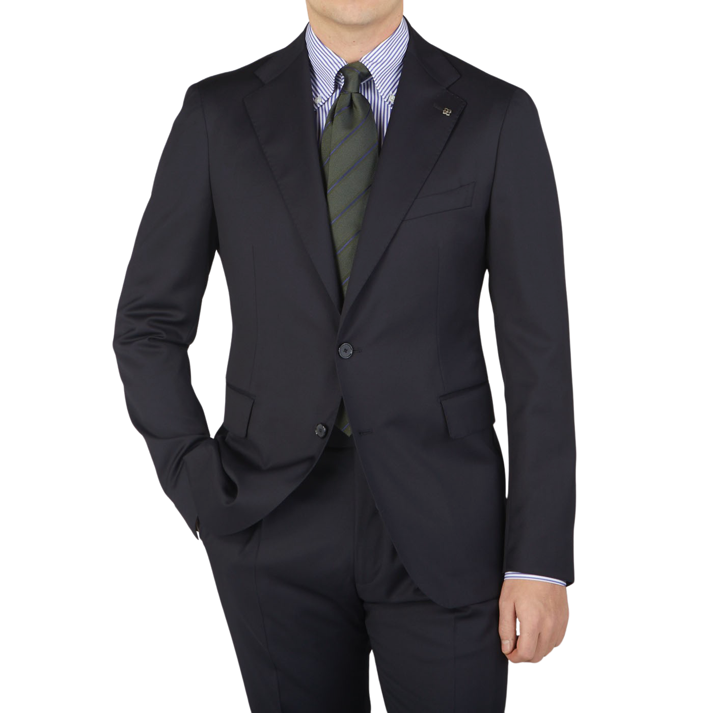 A man wearing a Tagliatore Midnight Navy Super 110s Wool Suit Jacket with a slim cut and tie.