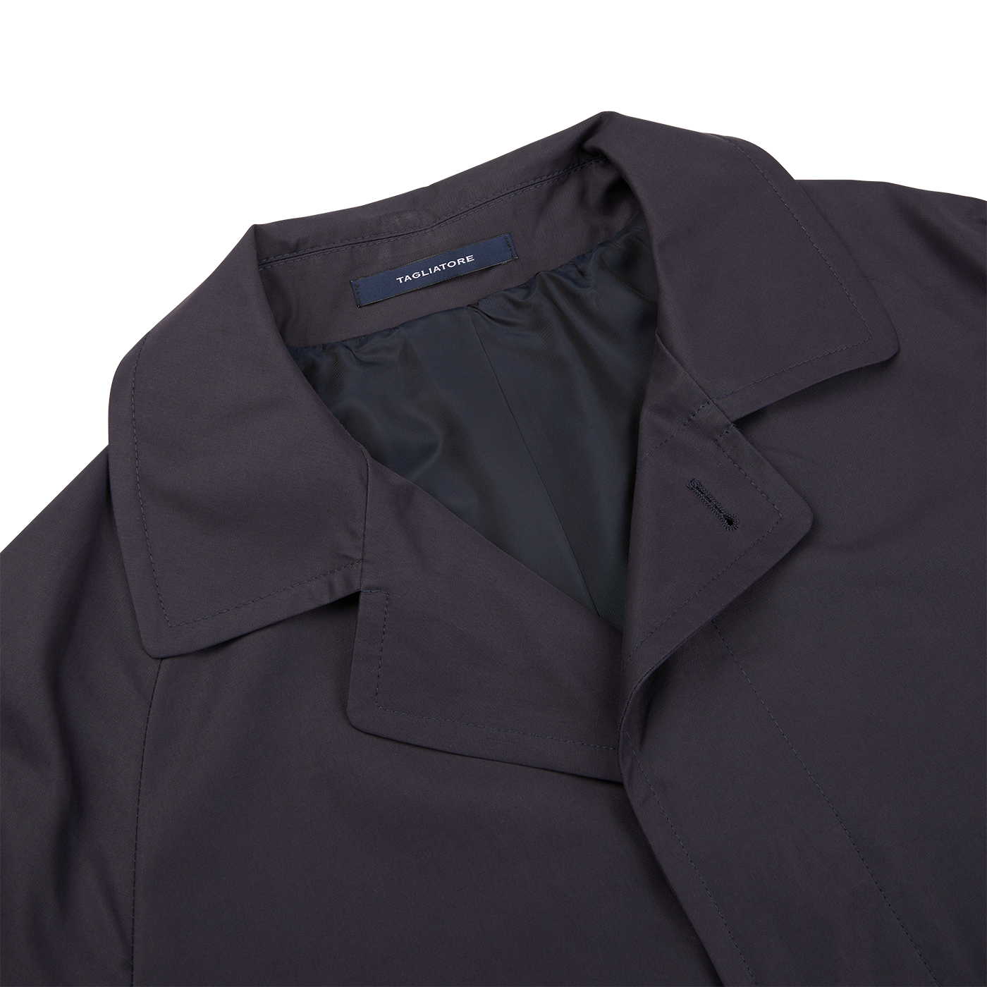 A Tagliatore navy blue cotton nylon trench coat with a slim fit and black collar.