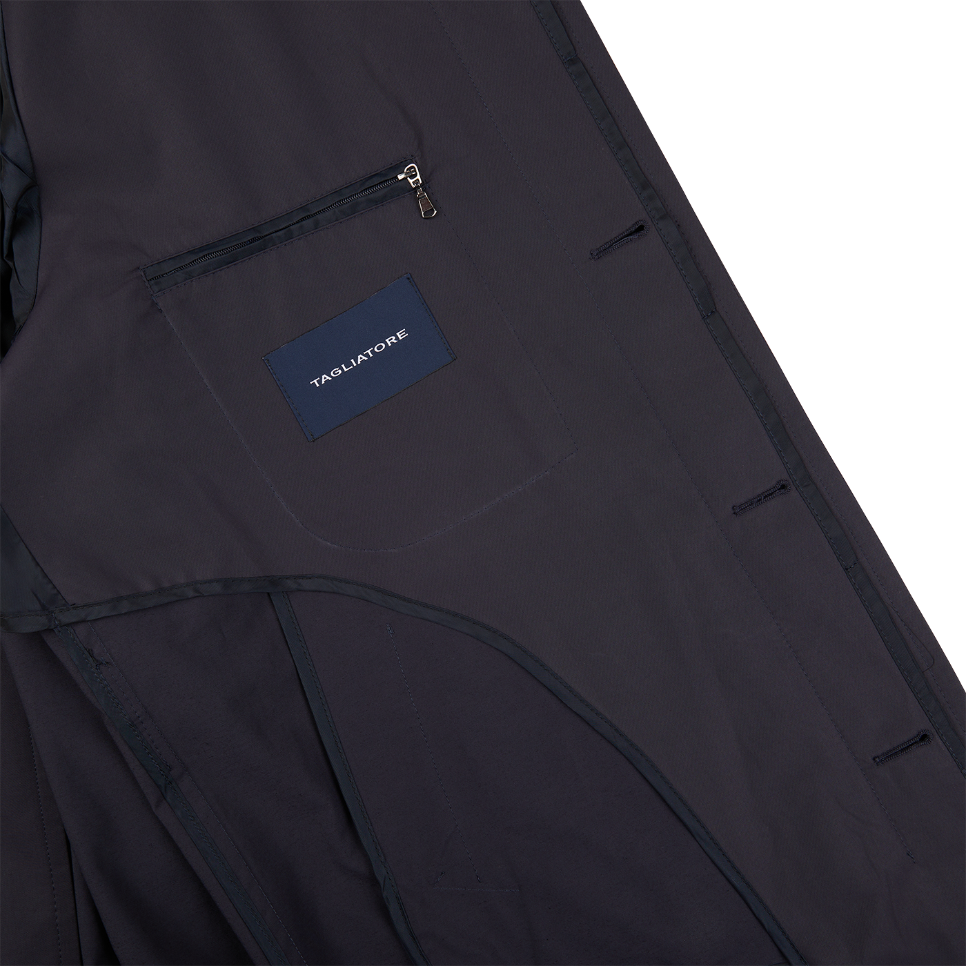 The back pocket of a Tagliatore navy blue cotton nylon trench coat.