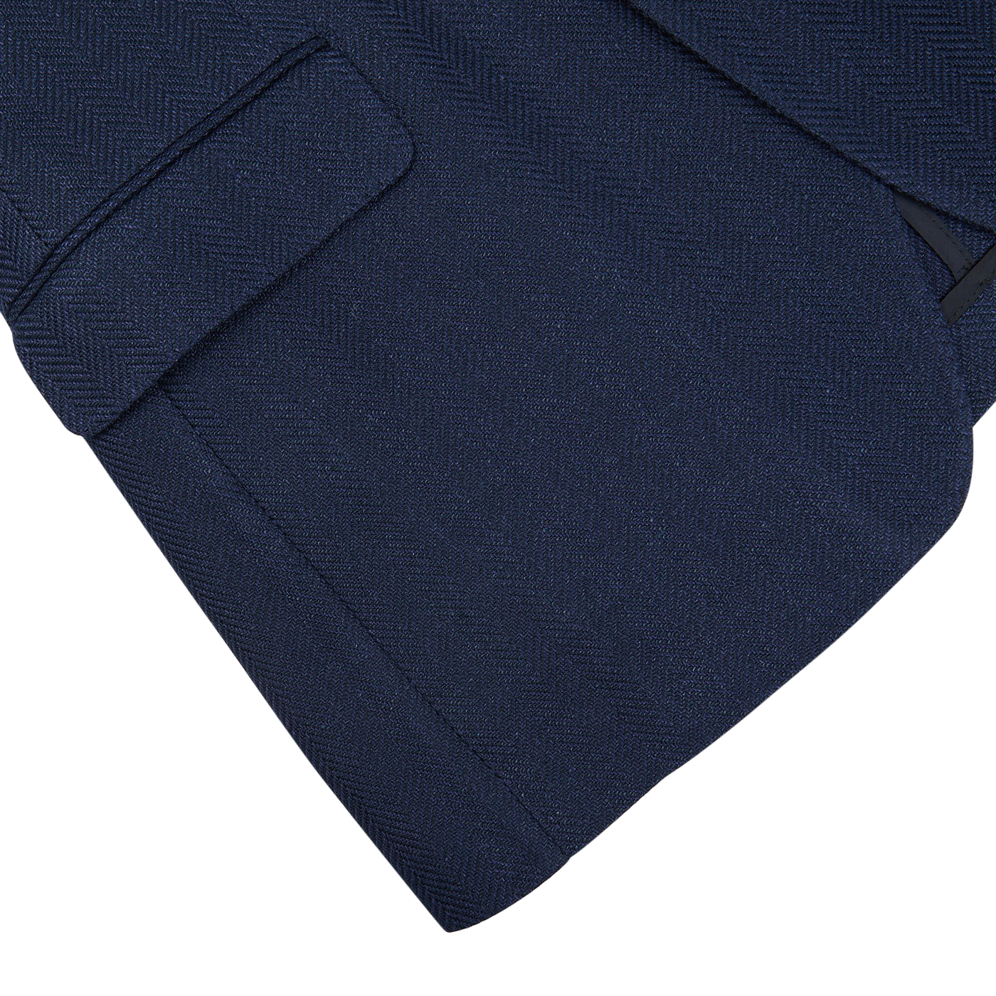 Close-up of navy blue herringbone cotton-linen blend fabric with pocket detail, possibly from a garment such as a Tagliatore Vesuvio blazer.