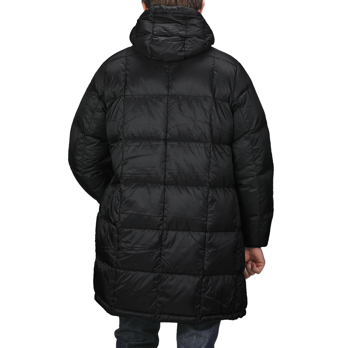 A person is wearing a Black Nylon Down Padded Parka by Taion, facing away. This stylish jacket features a quilted design with a hood and a durable nylon outer for enhanced resilience.