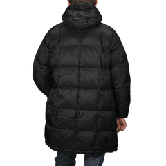 A person is wearing a Black Nylon Down Padded Parka by Taion, facing away. This stylish jacket features a quilted design with a hood and a durable nylon outer for enhanced resilience.