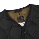 A Taion Black Nylon Down V-Neck Button Vest with goose down filling.