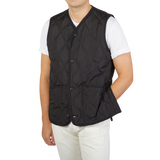 A man wearing a black nylon down V-neck button Taion vest.