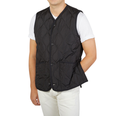 A man wearing a black nylon down V-neck button Taion vest.