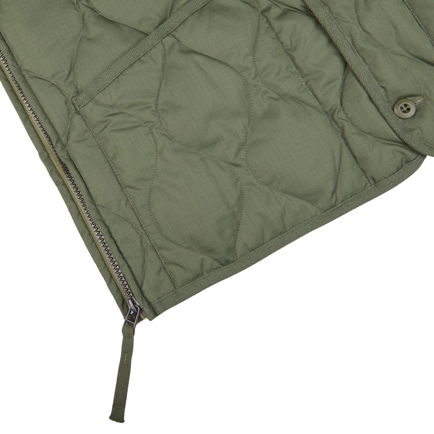 A Taion Olive Green Nylon Down V-Neck Button Vest on a white surface by a Japanese outerwear specialist.