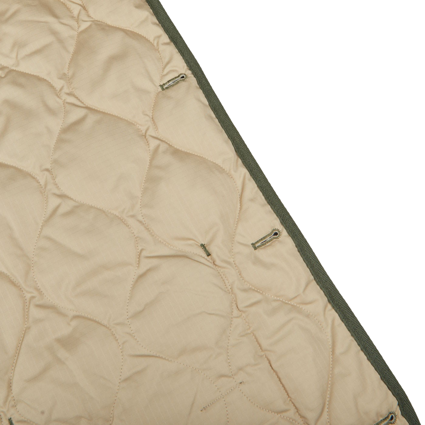 A Taion Olive Green Nylon Down V-Neck Button Vest on a white surface.