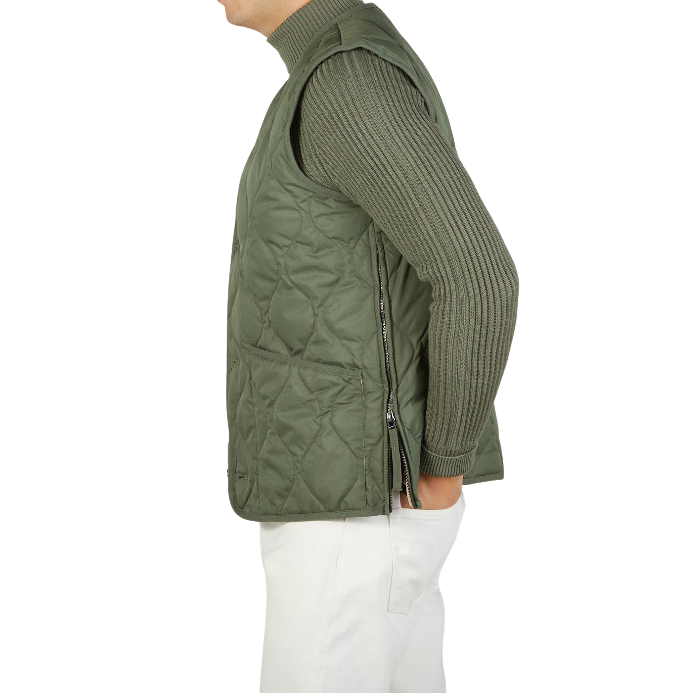Olive Green Nylon Down V-Neck Button Vest
