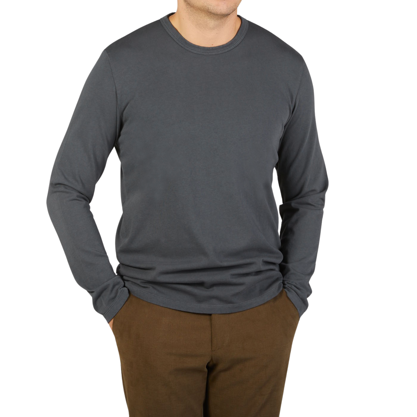 A man wearing the Tela Genova Asphalt Grey Cotton LS T-Shirt.