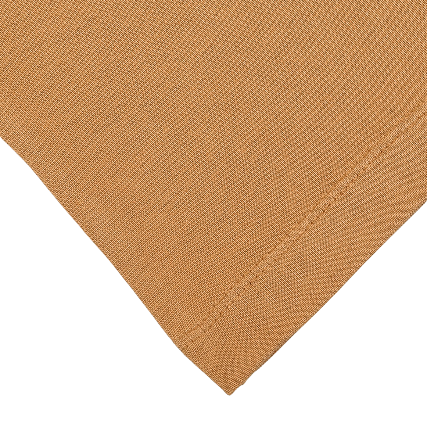 Close-up image of the corner of a tan Brick Orange Heavy Organic Cotton LS T-Shirt by Tela Genova, showcasing visible stitching lines that form a right angle on a plain white background, evoking the high-quality fabric construction.