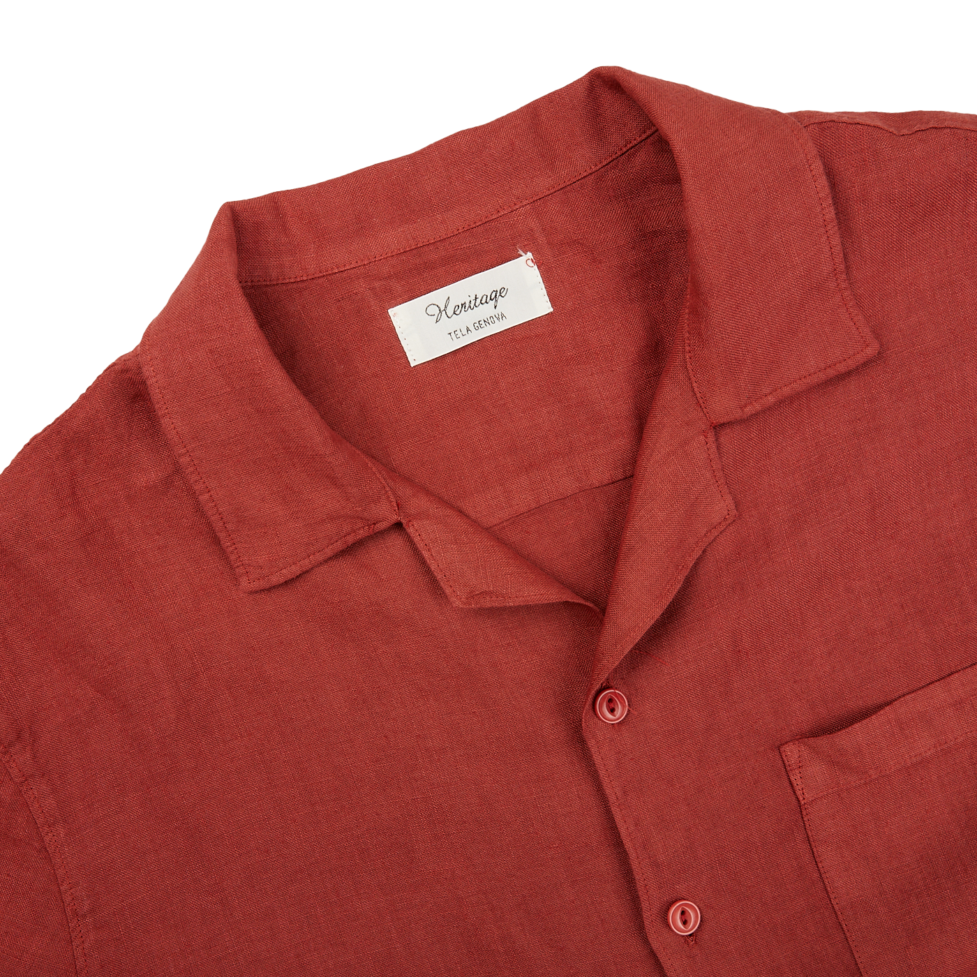 A Brick Red Renato Linen Camp Collar Shirt from Tela Genova for a summer feel.