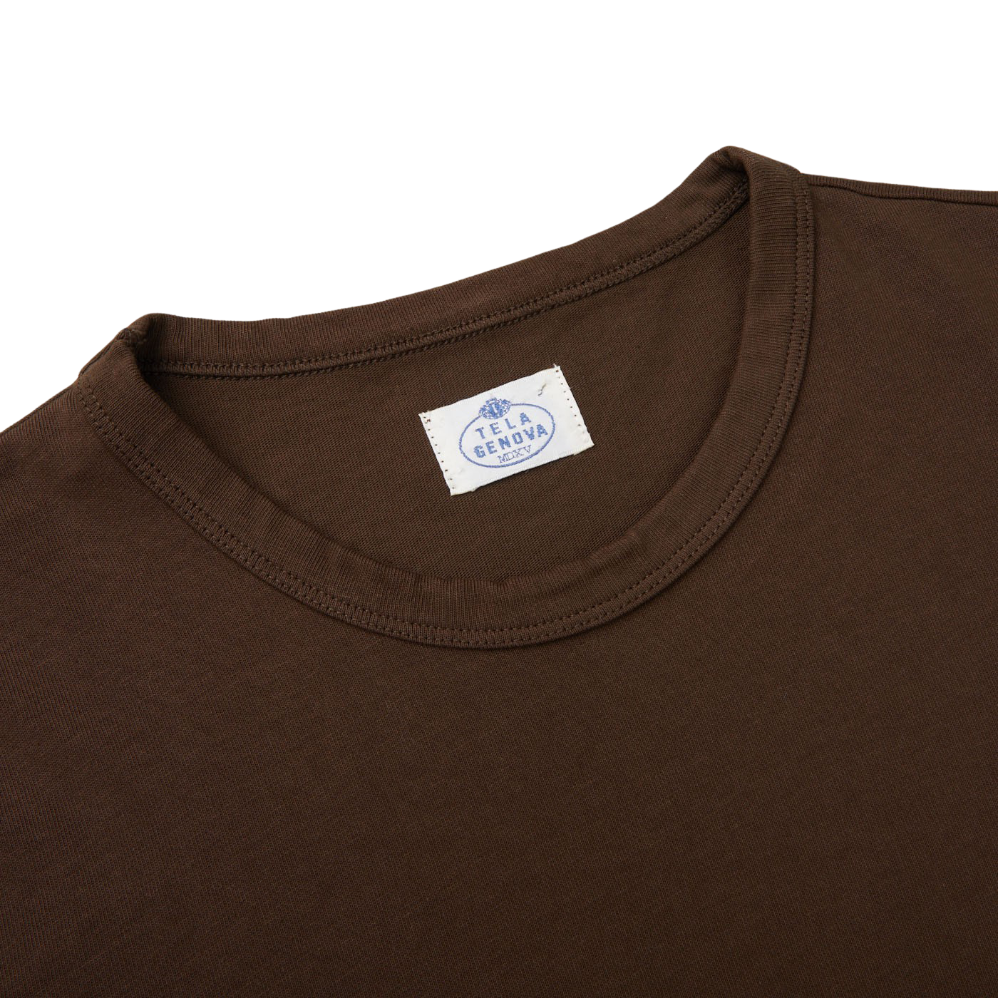 A dark brown organic cotton LS T-shirt with a white label on it from Italian brand Tela Genova.