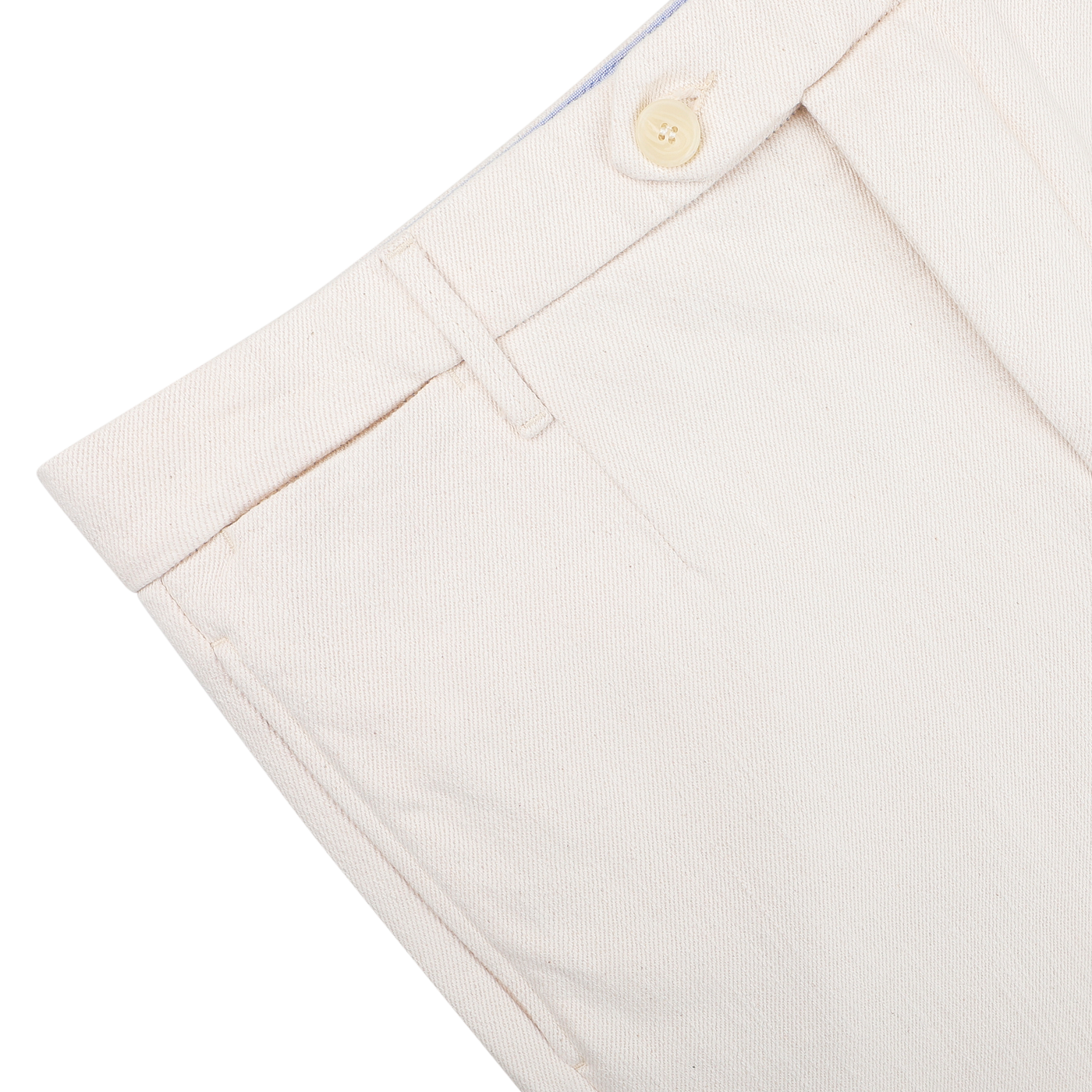 Close-up of Tela Genova's Ecru Beige Cotton Wool Berardo Trousers, featuring a button closure and belt loops for a regular fit.