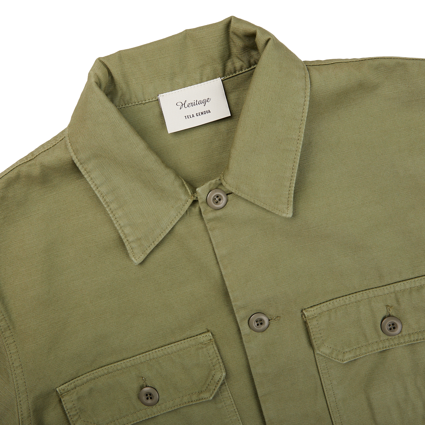 The Grass Green Greto Cotton Overshirt in olive green by Tela Genova.