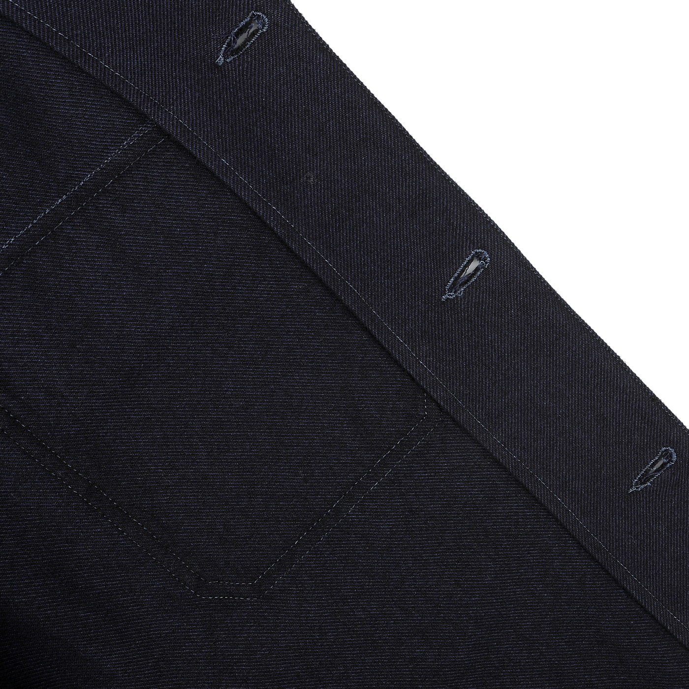 Close-up of navy blue wool cotton fabric with visible stitching details, showcasing part of a pocket and buttonholes, perfect for those seeking a sophisticated casual look with the Tela Genova Greto Overshirt.