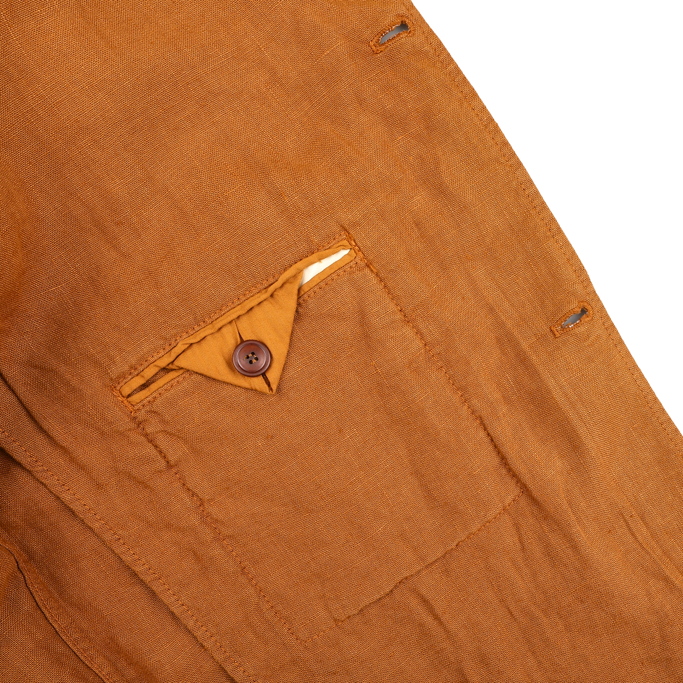 Close-up of the Tobacco Pure Linen Camillo Jacket by Tela Genova, highlighting a triangular pocket fastened with a brown button, ideal for a casual look.