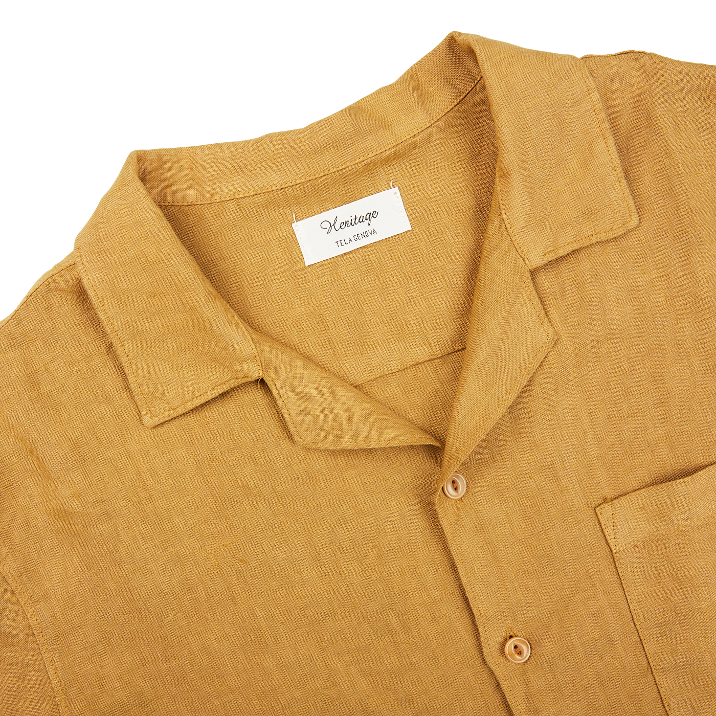 A yellow Tobacco Renato Linen Camp Collar Shirt from Tela Genova for a summer feel.
