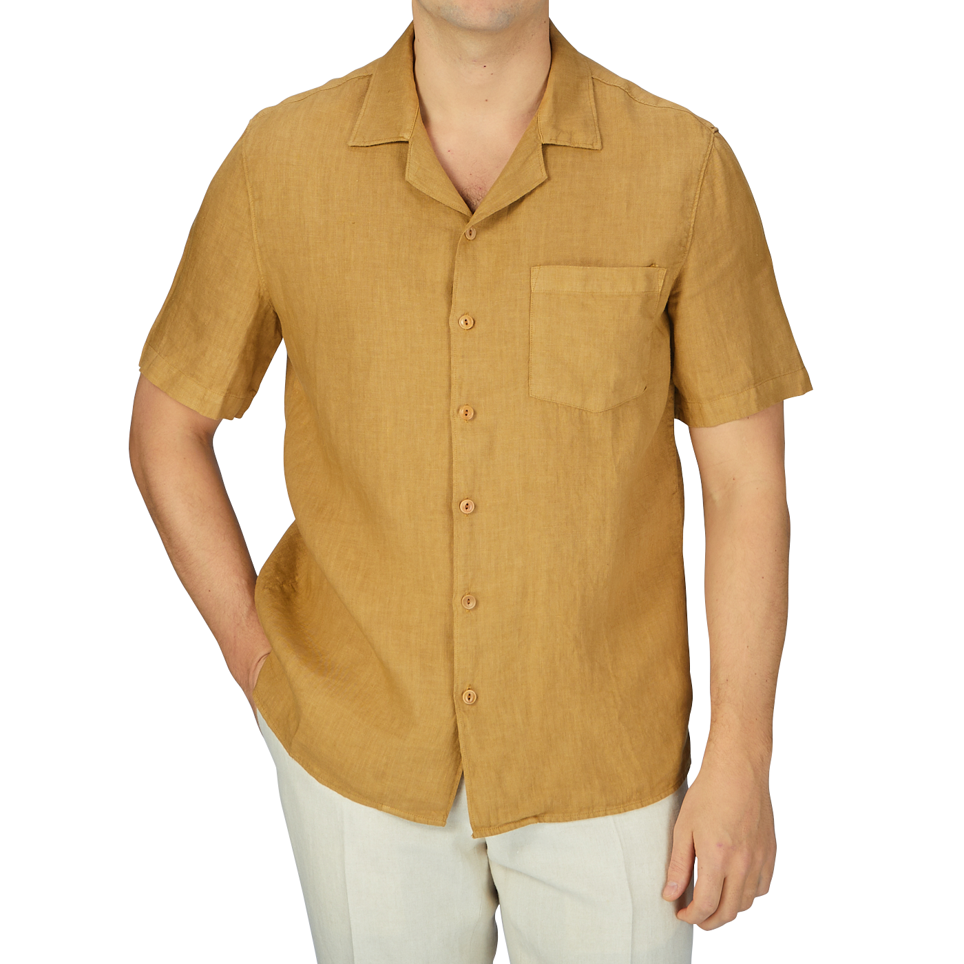 Men's Tobacco Renato Linen Camp Collar Shirt in tan from Tela Genova, perfect for a summer feel.