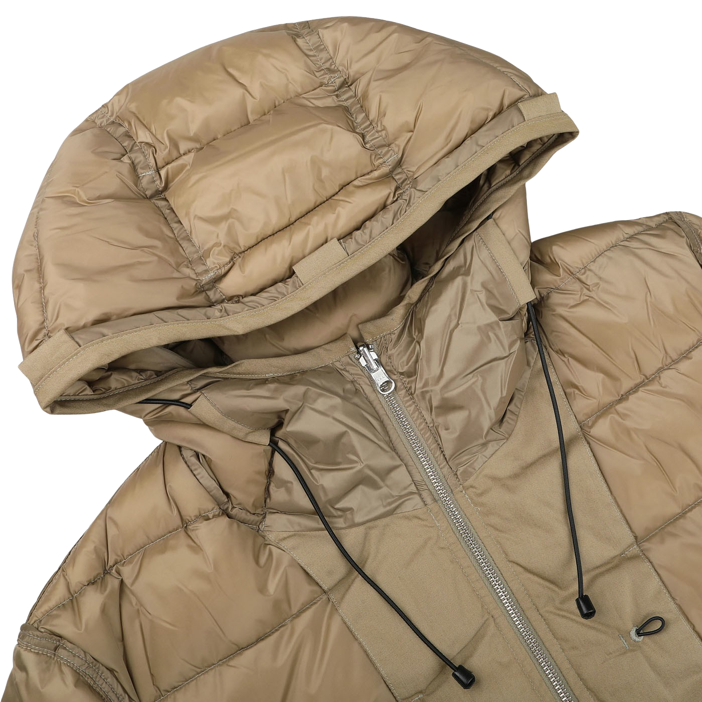 Close-up of a Ten C Beige Nylon Down Padded Liner Hood Jacket, featuring a silver front zipper and black drawstrings. The jacket has a quilted pattern, appears to be made of shiny, insulated fabric, and includes goose down filling for extra warmth.