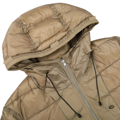 Close-up of a Ten C Beige Nylon Down Padded Liner Hood Jacket, featuring a silver front zipper and black drawstrings. The jacket has a quilted pattern, appears to be made of shiny, insulated fabric, and includes goose down filling for extra warmth.