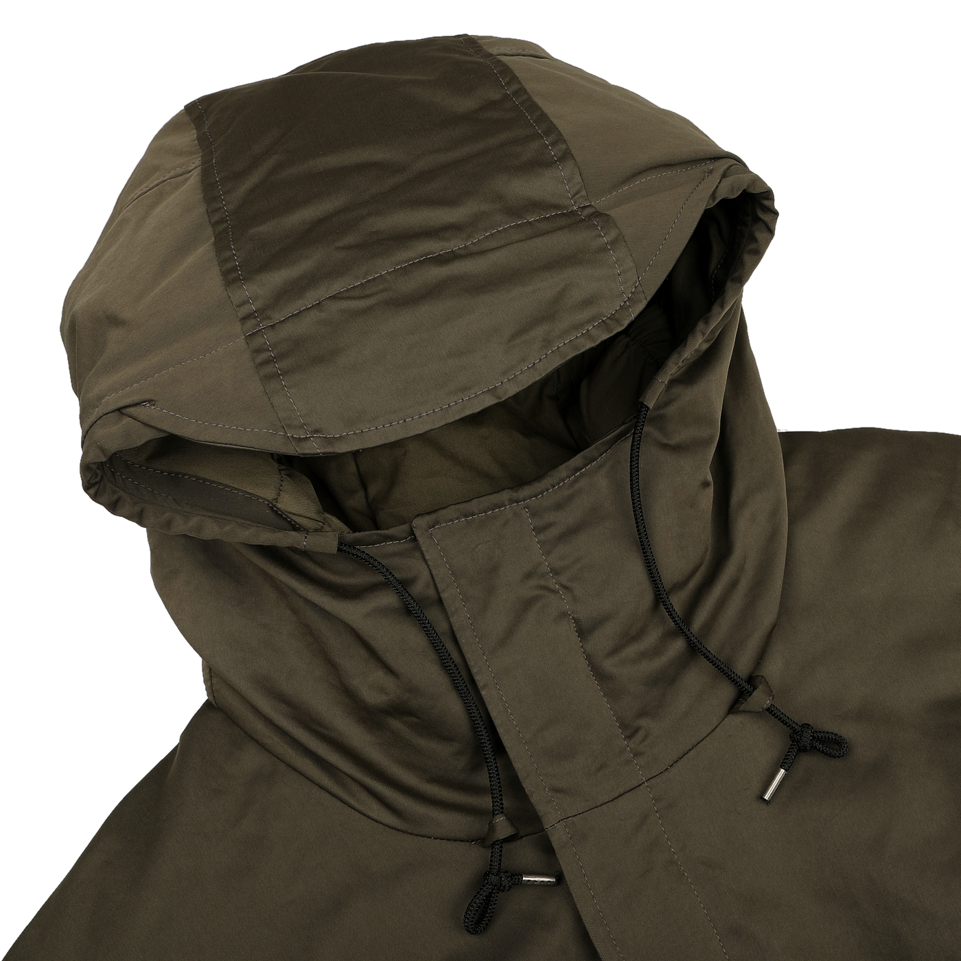 The Green Technical Rainstorm Parka by Ten C is crafted from waxed material, featuring adjustable black drawstrings on a white background.