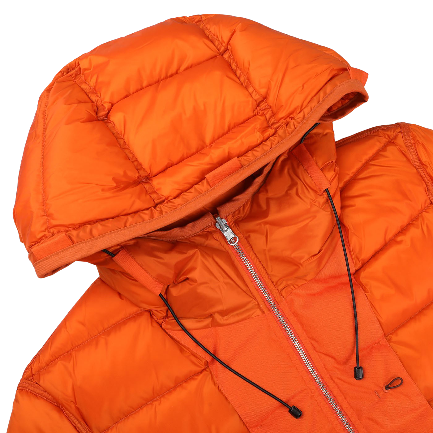 Close-up of the "Orange Nylon Down Padded Liner Hood Jacket" by Ten C. This technical outer nylon jacket features a front zipper, black drawstrings on the hood, and goose down padding for ultimate warmth.