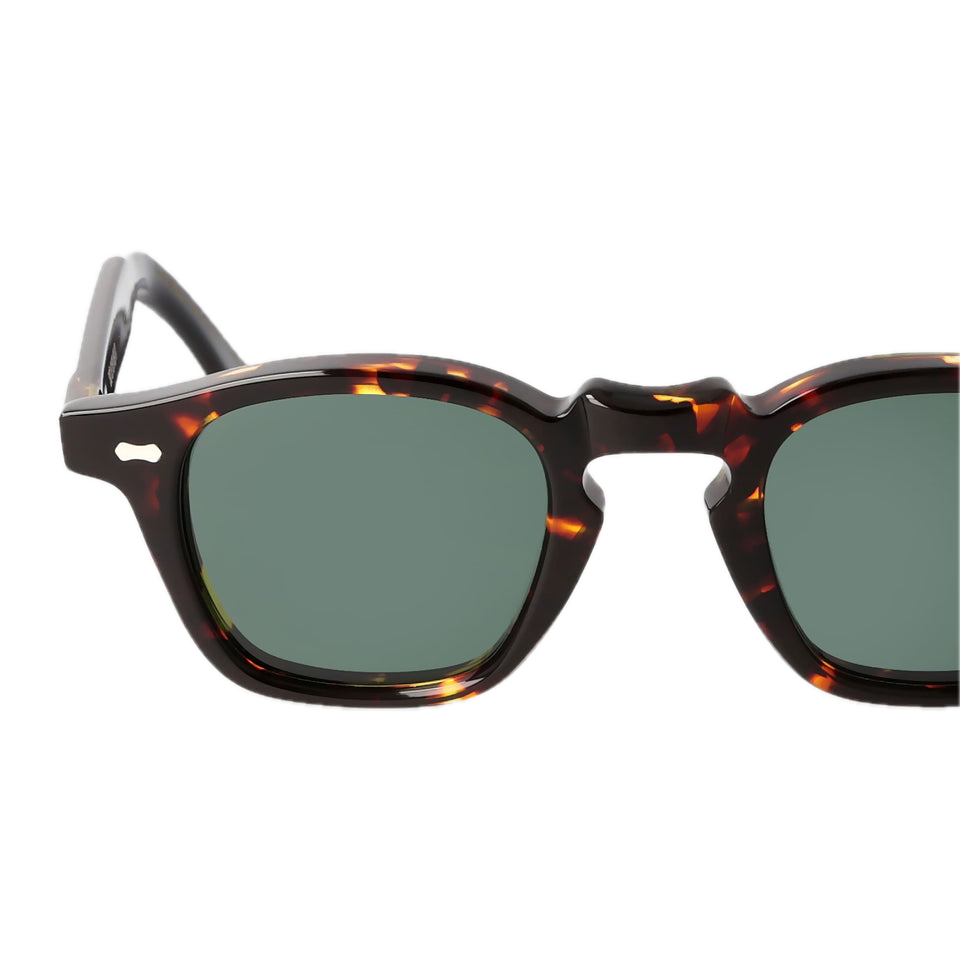 Cord Dark Havana Green Lenses 44mm sunglasses by The Bespoke Dudes with tortoiseshell pattern and green lenses against a black background.