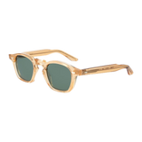 Bio-based, transparent-framed Cord Eco Champagne Green Lenses 44mm sunglasses by The Bespoke Dudes against a black background.