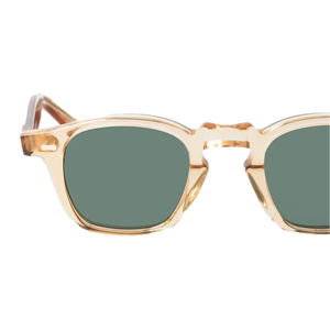 The Bespoke Dudes Cord Eco Champagne Green Lenses 44mm sunglasses with transparent frames against a black background.