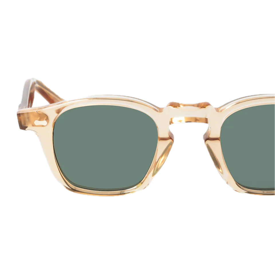 The Bespoke Dudes Cord Eco Champagne Green Lenses 44mm sunglasses with transparent frames against a black background.