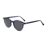 A pair of The Bespoke Dudes sunglasses with a bio acetate frame and Cran Ocean Blue Grey Lenses 49mm against a black background.