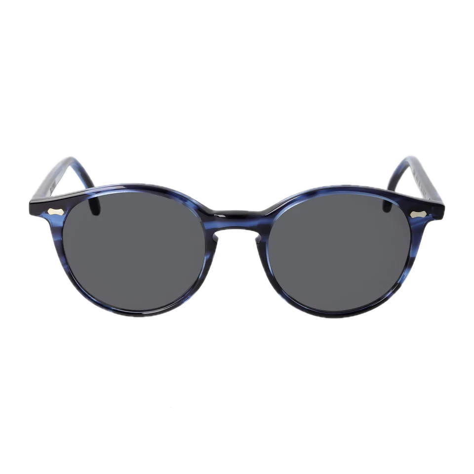 A pair of round-framed Cran Ocean Blue Grey Lenses 49mm sunglasses with a keyhole bridge design on a black background by The Bespoke Dudes.