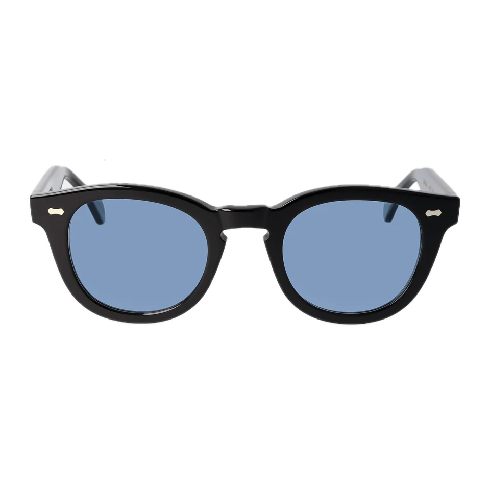 A pair of Donegal Eco Black Blue Lenses 49mm sunglasses by The Bespoke Dudes isolated on a black background.