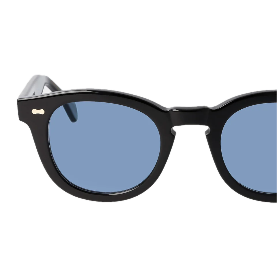 Handmade Donegal Eco Black Blue Lenses 49mm sunglasses by The Bespoke Dudes on a black background.